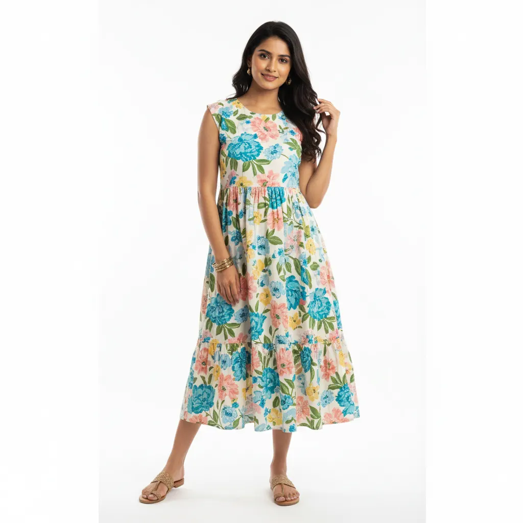 Professional model wearing western dress in studio setting