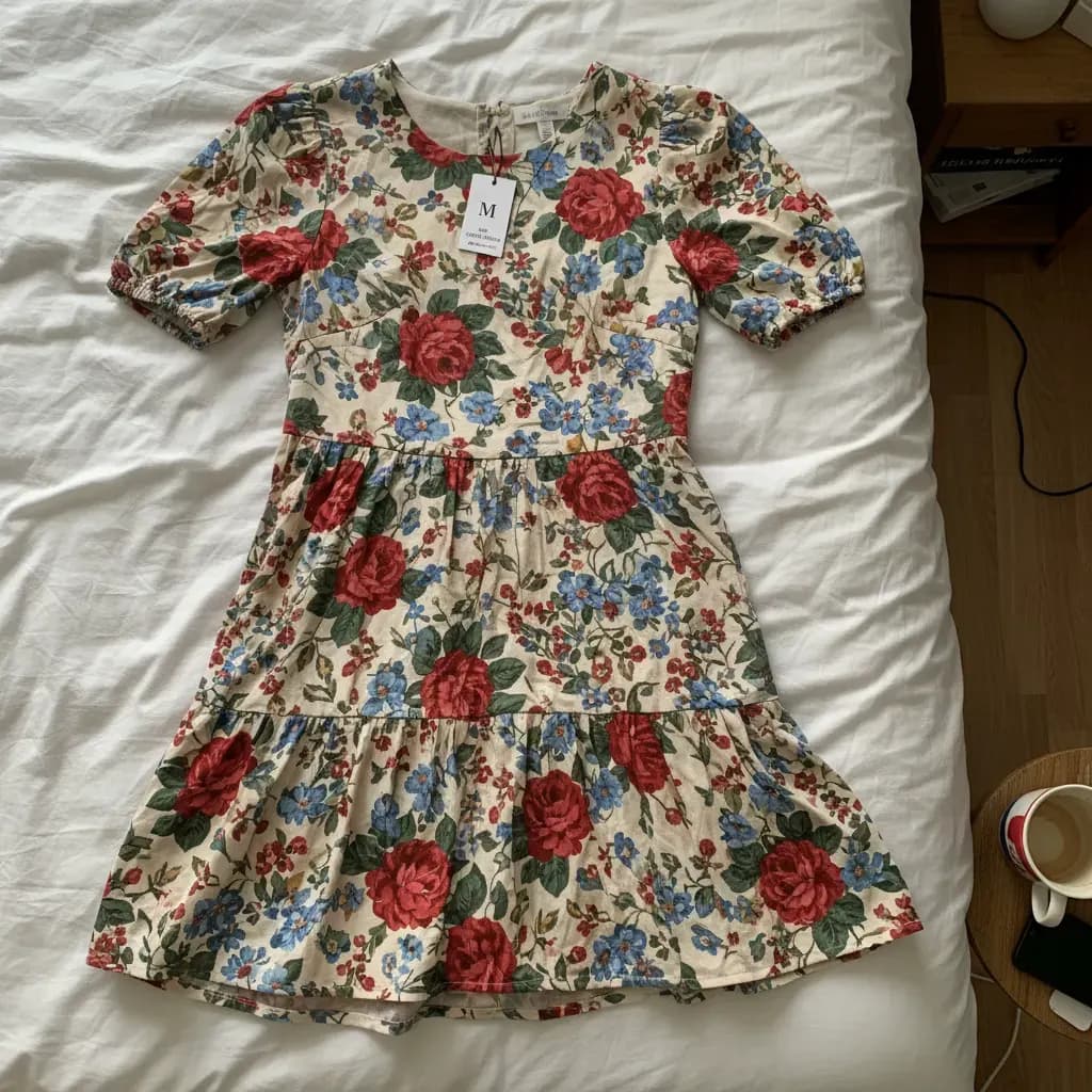 Flat-lay western dress on plain background