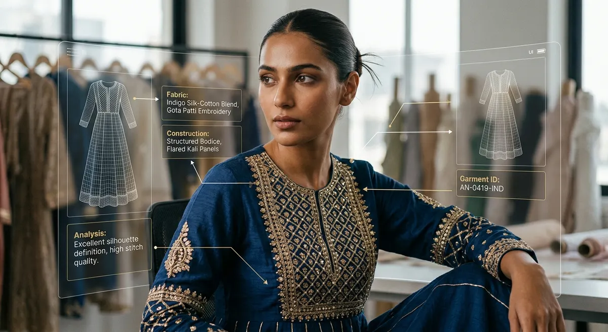 AI creative director analyzing indigo anarkali garment structure with floating garment annotations for pose planning