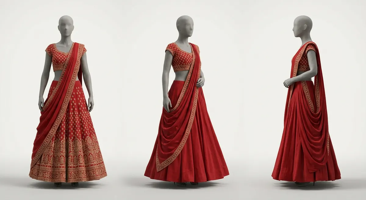 Three matte clay mannequins displaying red lehenga in different poses for preview selection before credit spend