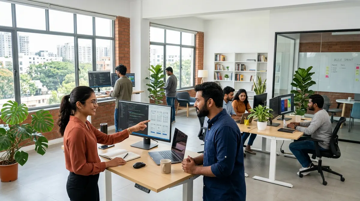 Indian tech startup team collaborating in modern office — careers at ShotRoom AI photography platform