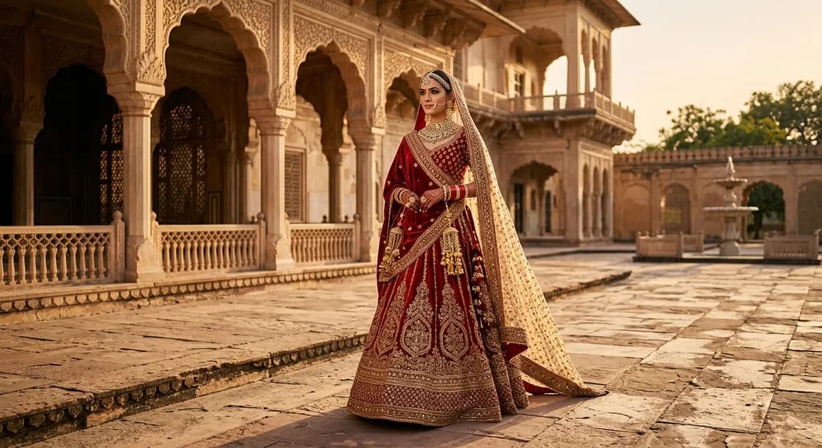Bridal lehenga composited onto Rajasthani palace courtyard background with natural lighting and shadows by ShotRoom AI