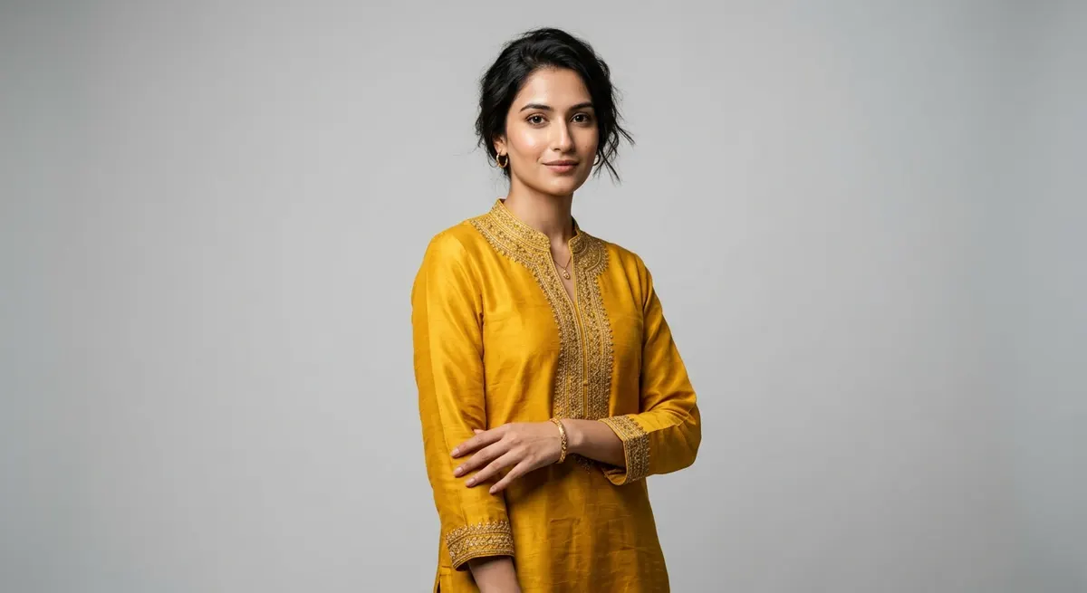 ShotRoom AI identity preservation technology — same model face maintained across different garments in a fashion catalog, shown wearing a mustard yellow kurta with consistent skin tone and facial features