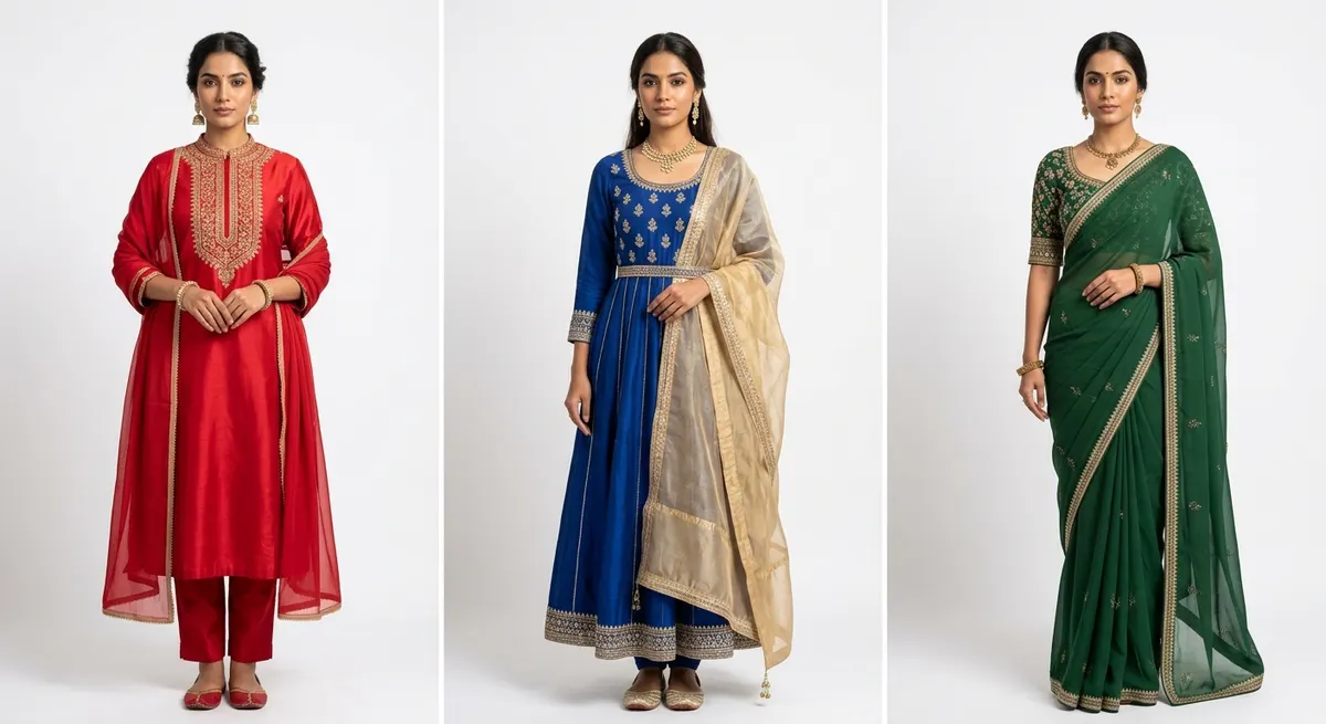 Same North Indian model photographed in three different Indian outfits — kurta, anarkali, and saree — demonstrating consistent model identity across a brand catalog built with ShotRoom AI