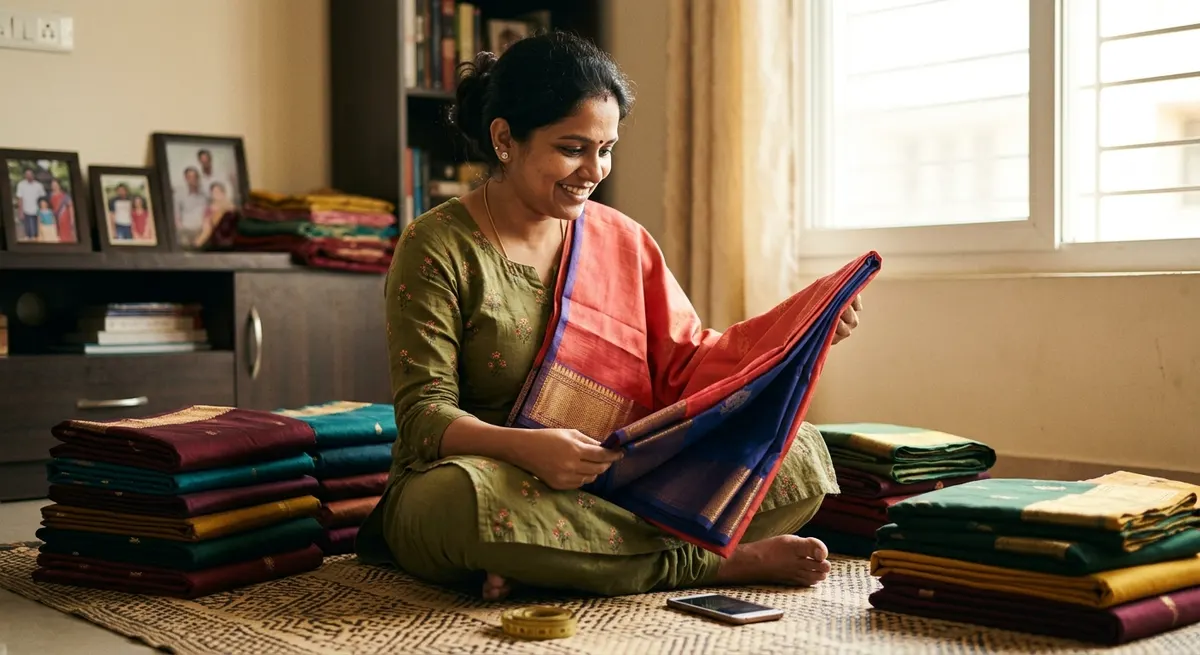 Ananya Krishnan, Chennai handloom saree seller, surrounded by Kanjivaram silk sarees in her home studio