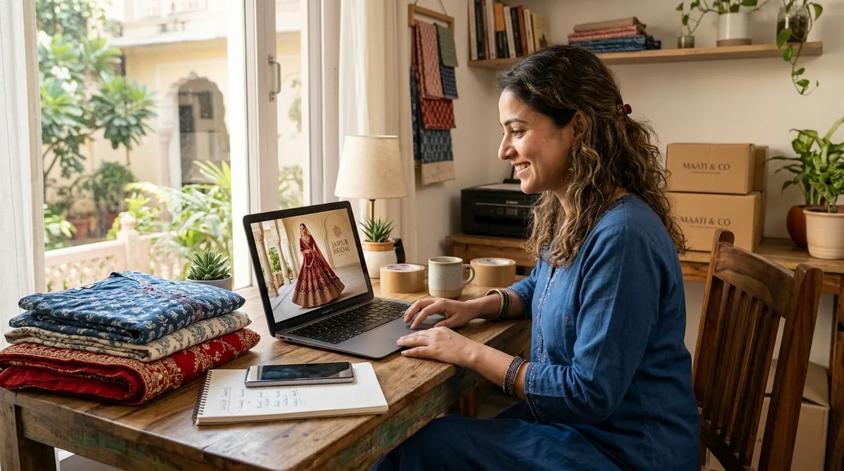 Indian fashion seller reviewing professional AI-generated product photos on laptop in Jaipur home office