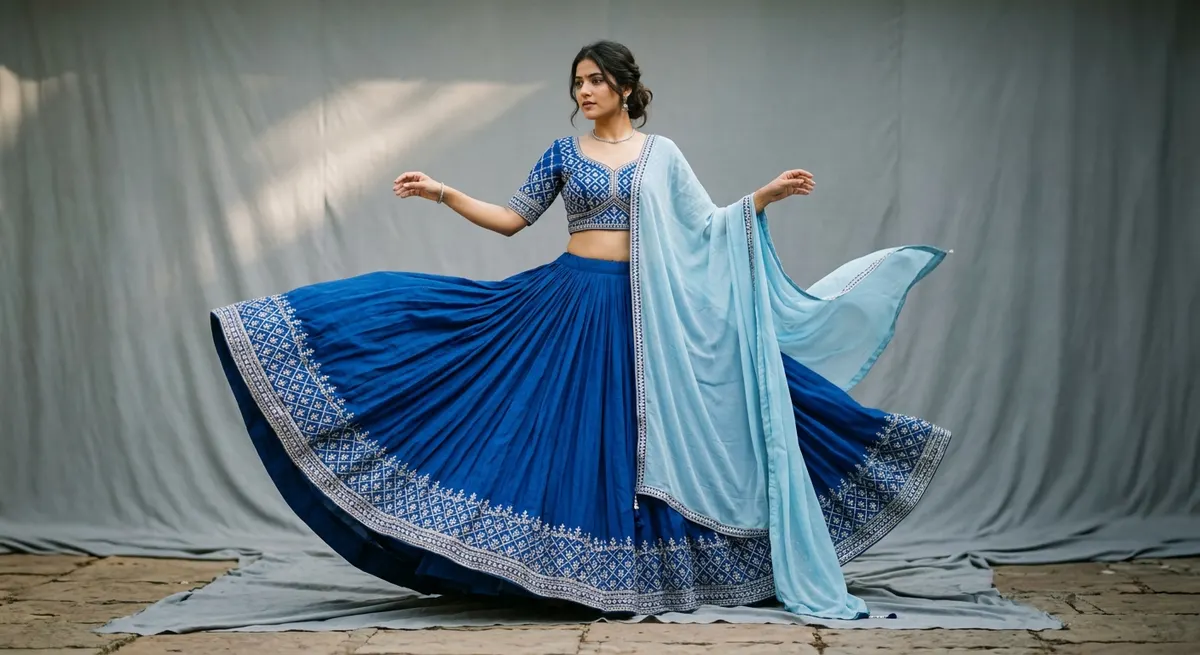 ShotRoom AI structural behavior intelligence — lehenga with 3-metre flare spread wide, showing how AI reads construction details like flare width, embroidery placement, and fabric weight for precise pose planning