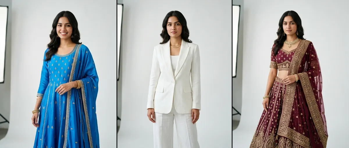 ShotRoom AI photography platform triptych showing North Indian model in anarkali, blazer, and lehenga in professional studio