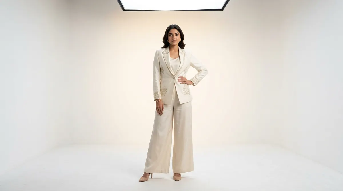 Confident North Indian woman in ivory silk blazer with gold embroidery — AI-generated brand catalog photography by ShotRoom with editorial studio lighting