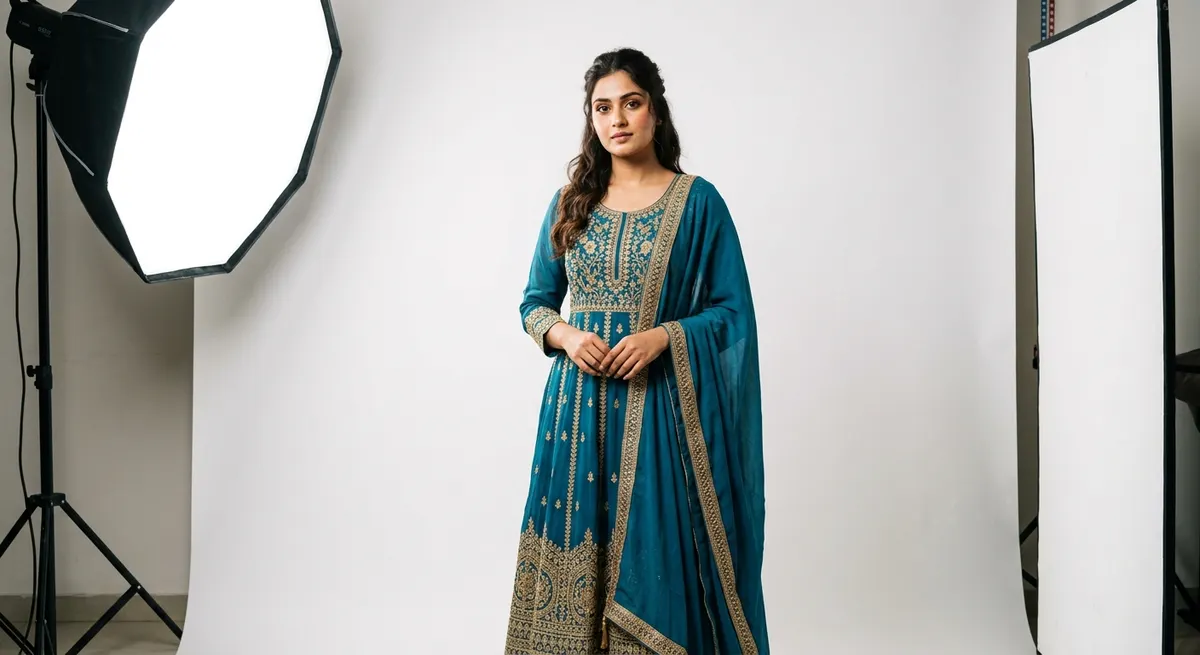 Brand-consistent AI fashion catalog showing North Indian model in teal anarkali with uniform studio lighting — ShotRoom multi-reference architecture