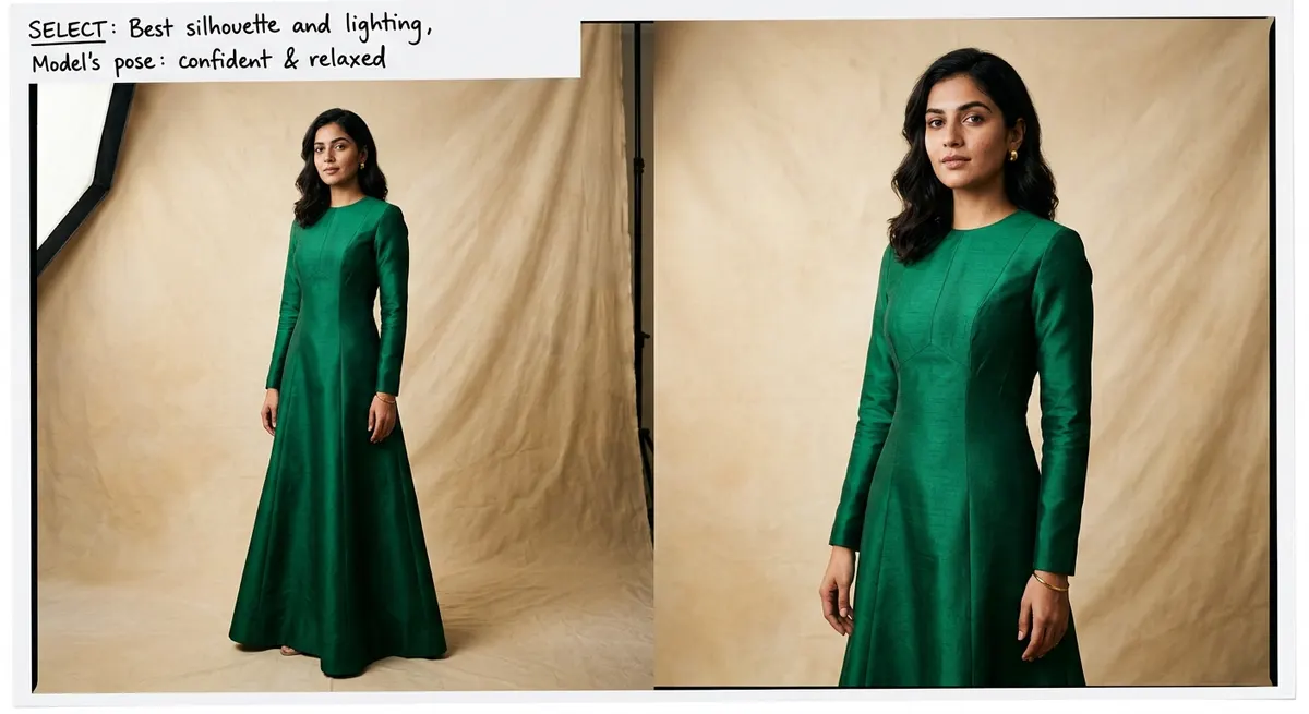 North Indian model in emerald silk gown — AI brand photography iterative refinement delivering editorial-quality fashion catalog imagery
