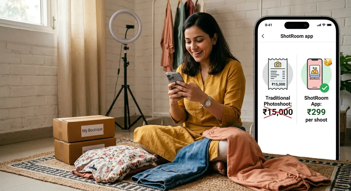 Small D2C fashion seller comparing affordable ShotRoom AI photography pricing at ₹299 versus expensive traditional studio photography costs