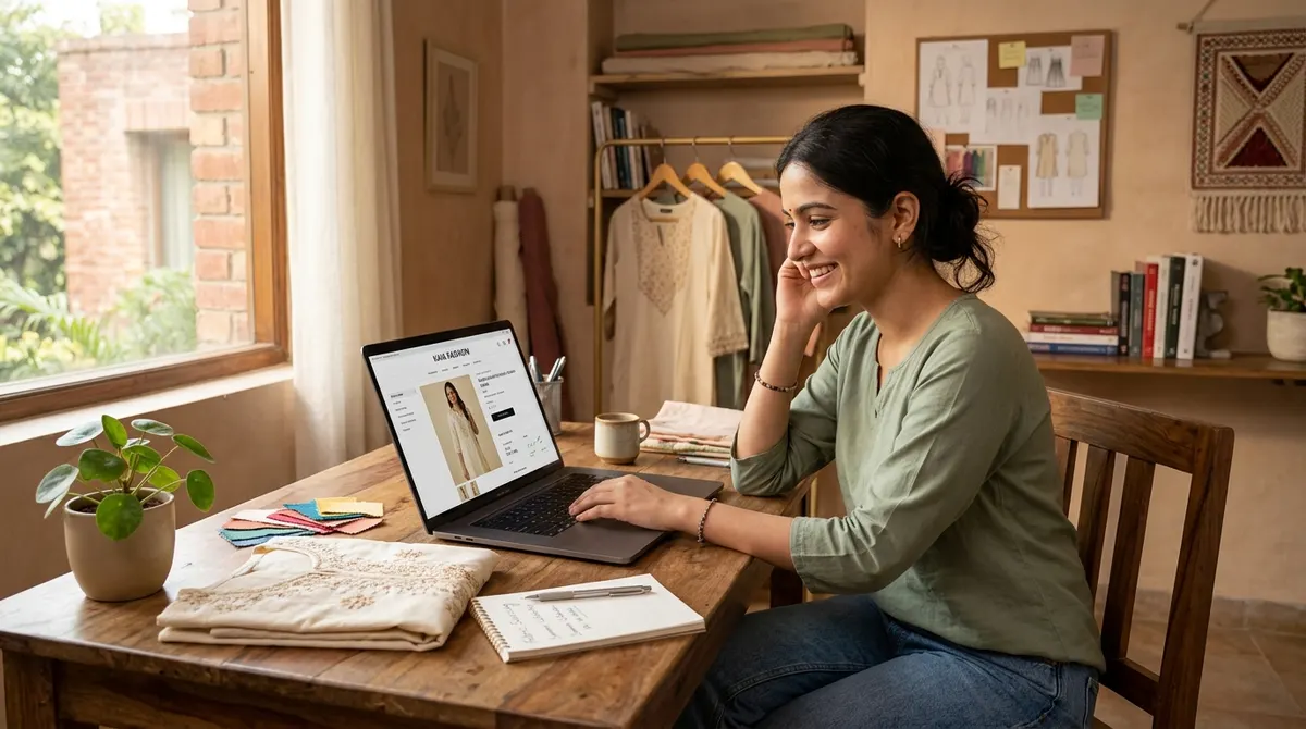 Indian D2C fashion seller working on her laptop managing professional product photography listings from home office