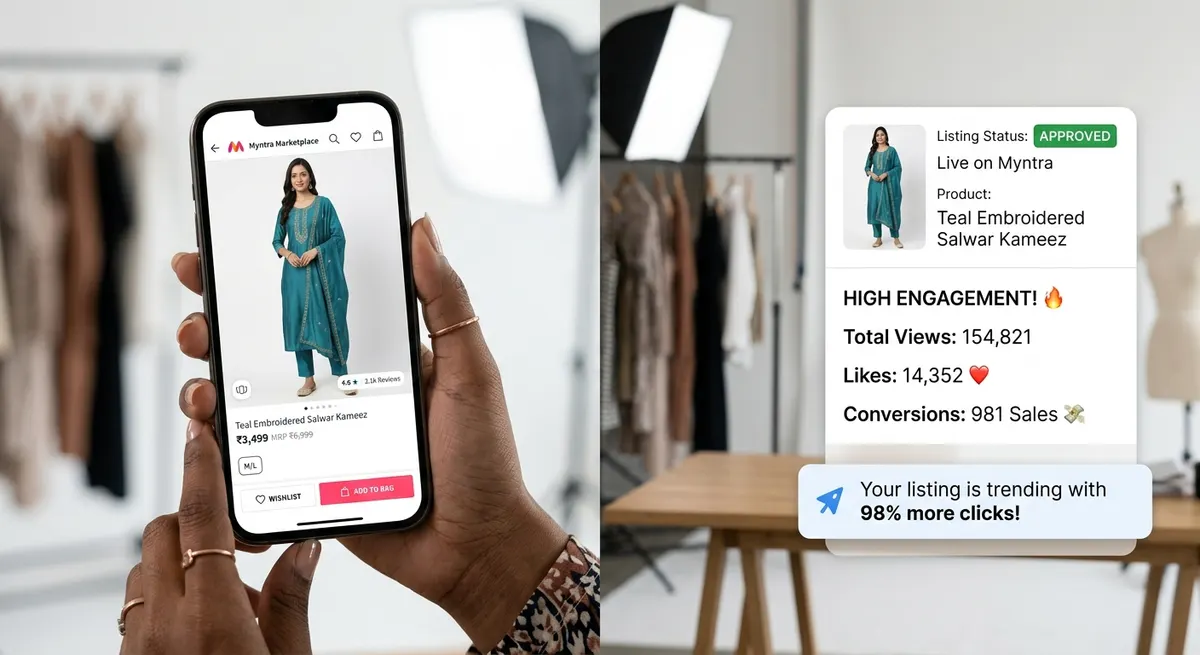 Marketplace-ready AI fashion photography showing professional on-model listing approved for Myntra and Meesho platforms