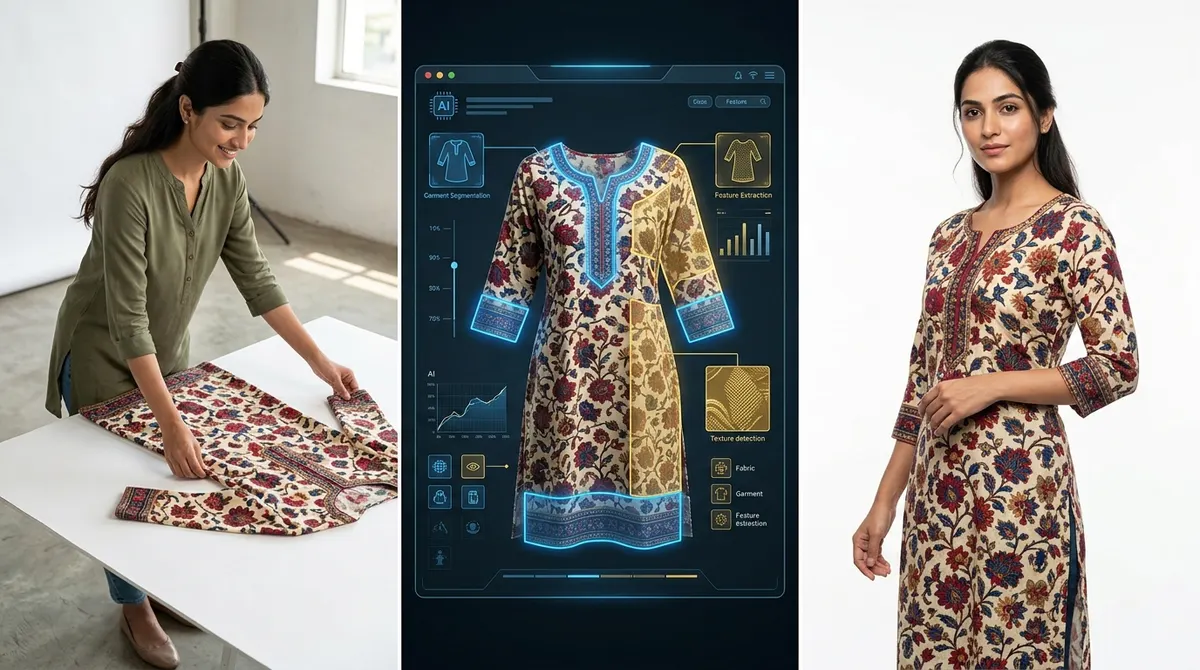 ShotRoom AI photoshoot process — upload garment, AI analysis, and professional photography output in three steps