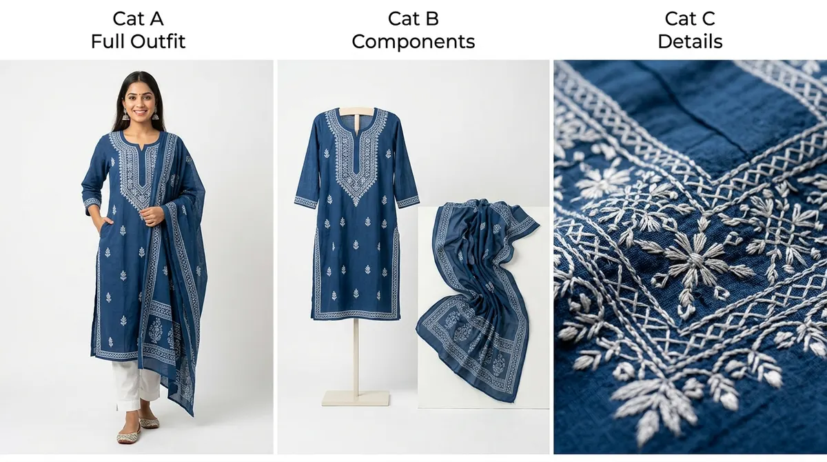 Three-category AI fashion photography output: Cat A full outfit editorial shots, Cat B individual component displays, Cat C macro embroidery close-ups