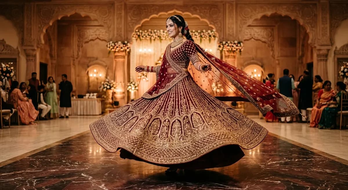 Bridal lehenga twirl pose showing AI structural movement intelligence — heavy gold-embroidered lehenga in full circular flare for Indian fashion photography