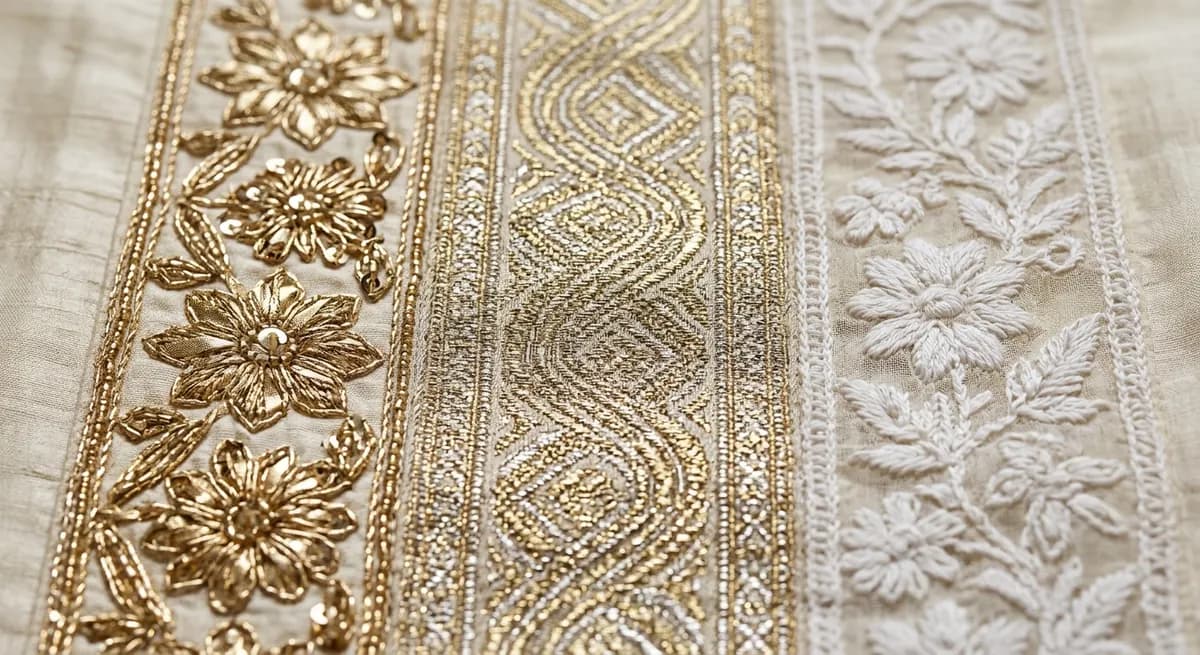 Extreme macro close-up of Indian embroidery — gota patti gold Rajasthani ribbon work, zari metallic thread weaving, and chikankari white-on-white hand embroidery on bridal lehenga