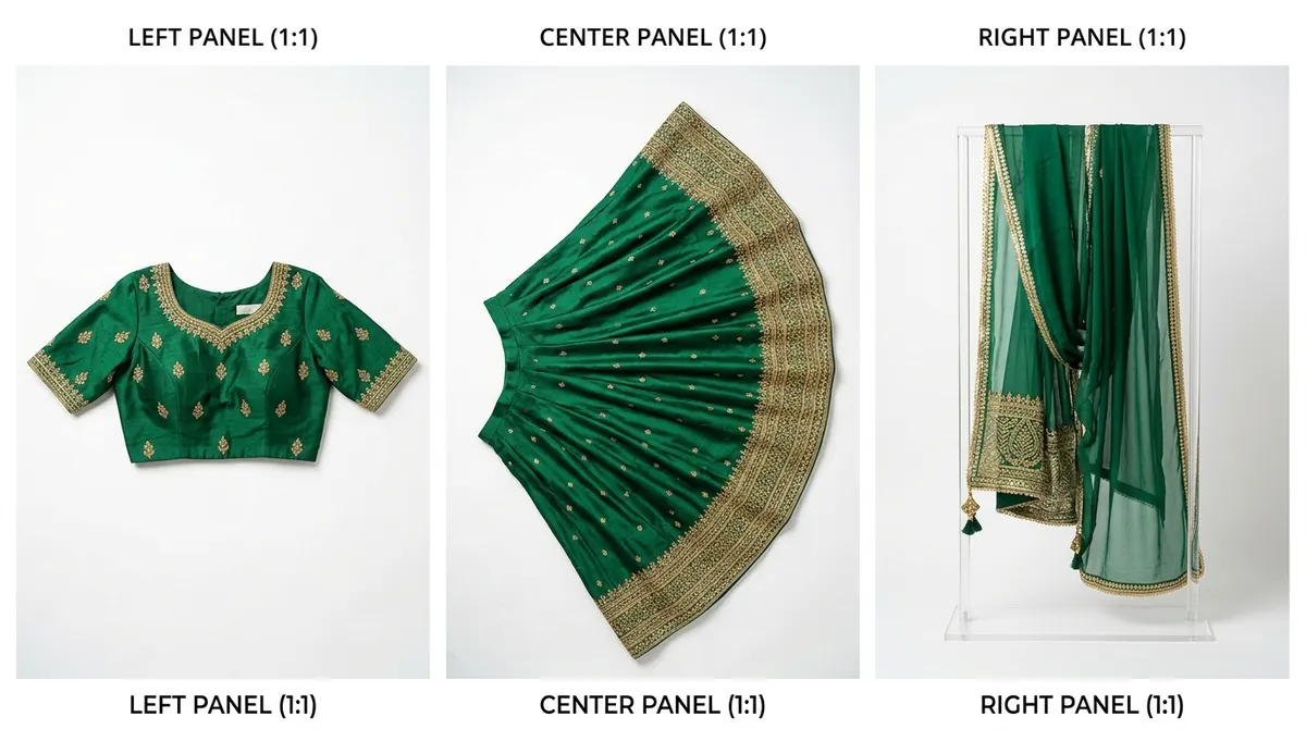 Component display photography for Indian lehenga ensemble — embroidered choli blouse, flared skirt, and silk dupatta photographed individually for marketplace listings