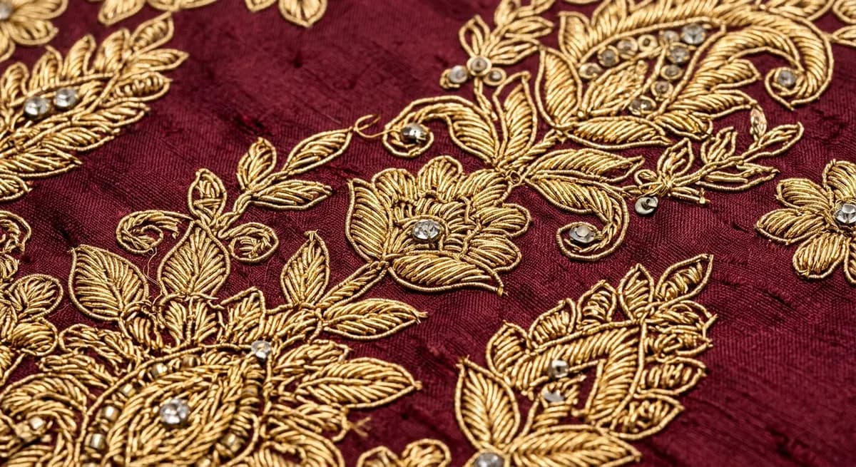 Ultra-detailed macro close-up of gold zari embroidery on maroon silk fabric — thread-level detail photography that reduces fashion returns by showing buyers exactly what they are purchasing