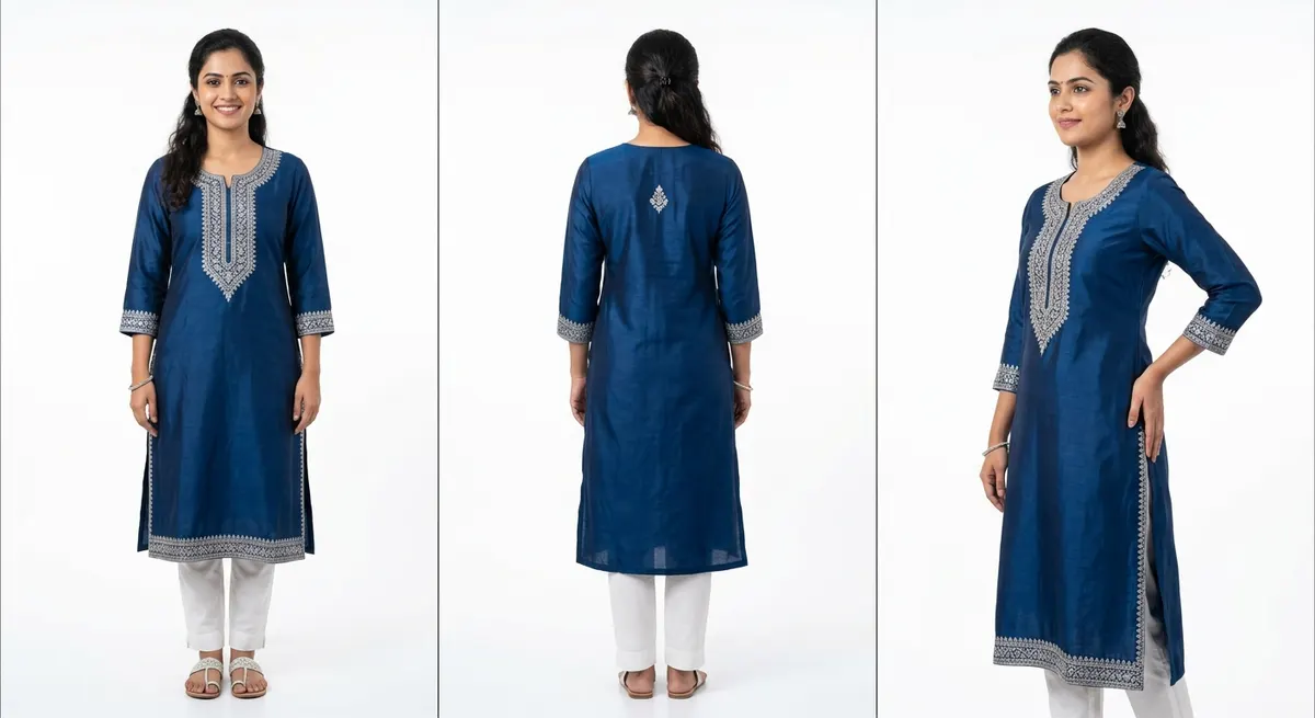 Marketplace compliance photography showing front, back, and 3/4-angle views of blue silk kurta on model — all required angles for Myntra, Meesho, and Ajio listing approval