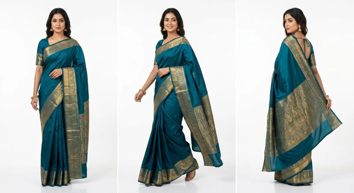 Indian silk saree shown on a model in three different poses — front facing, walking, and editorial — generated by ShotRoom AI pose studio