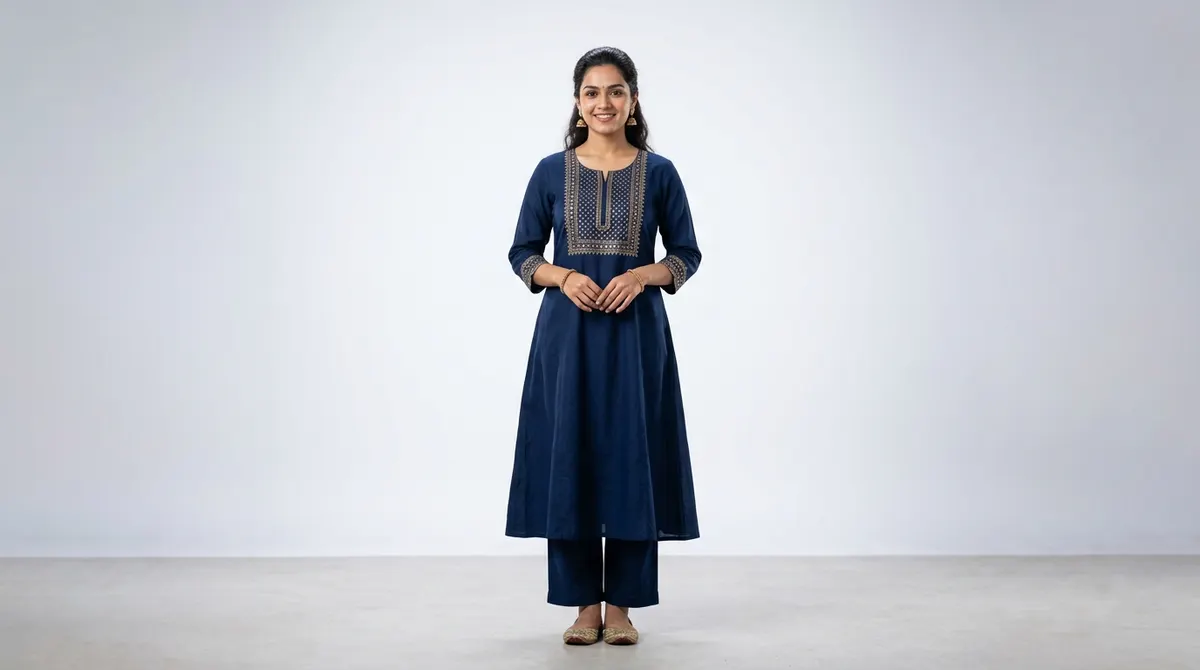 North Indian model wearing navy blue kurta — AI-generated professional on-model shot from flat-lay uploaded to ShotRoom