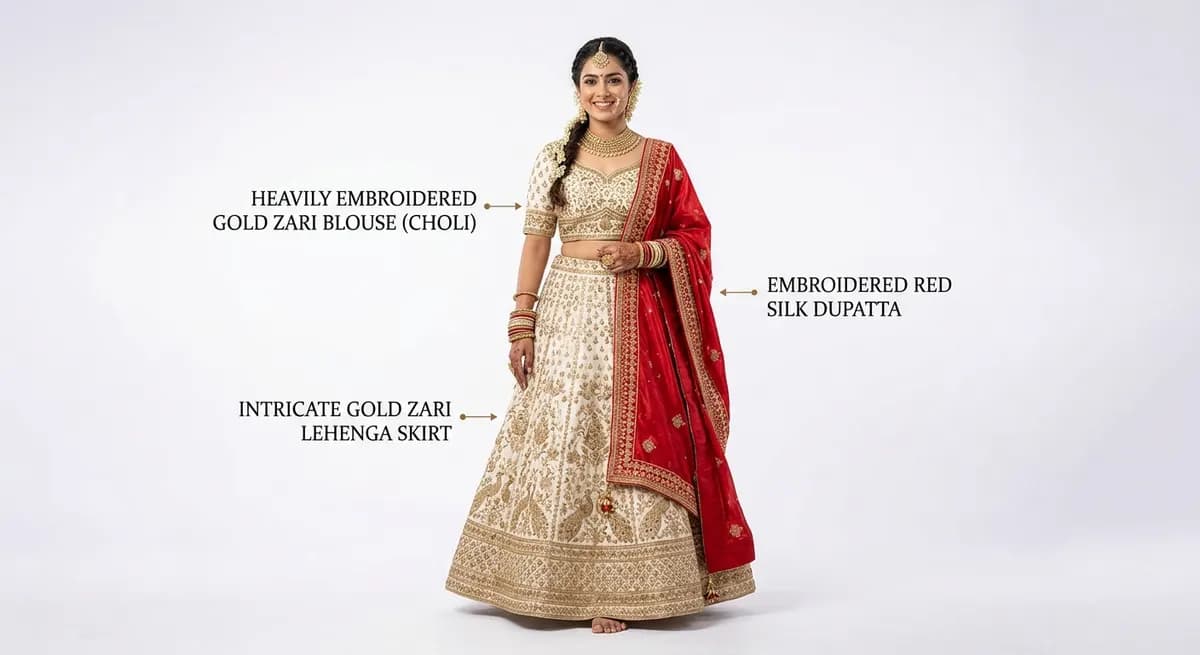 North Indian model wearing complete bridal lehenga set — dupatta, embroidered blouse and skirt — each component tracked by ShotRoom AI multi-reference labeling system