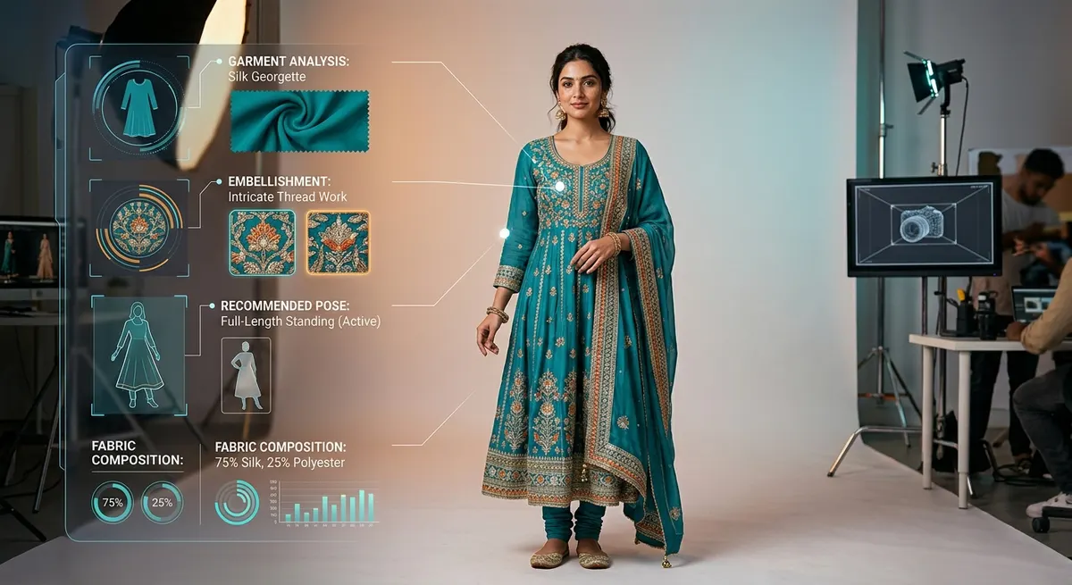 ShotRoom AI creative director analyzing an ethnic wear garment with annotations showing fabric type, embellishment detection, and recommended poses for virtual photoshoot planning