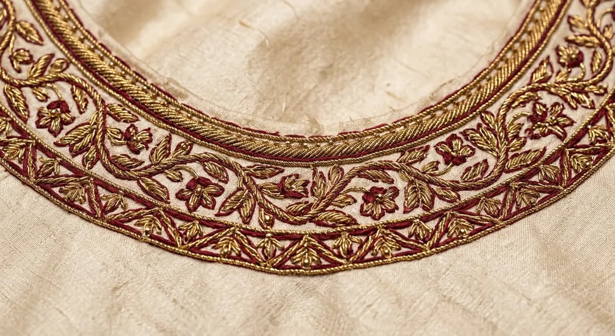 Macro detail close-up of hand-embroidered zari and thread work on an Indian ethnic garment — the level of craftsmanship detail captured in every ShotRoom virtual photoshoot