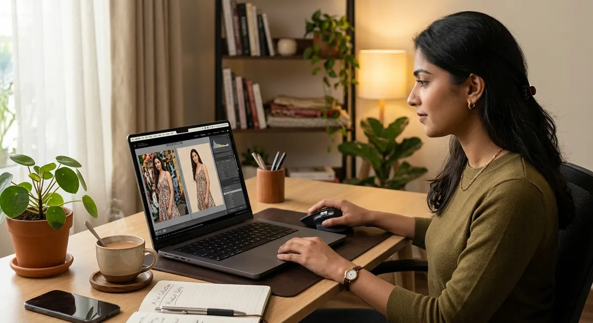Indian fashion seller editing product catalog backgrounds on laptop using ShotRoom AI background change tool