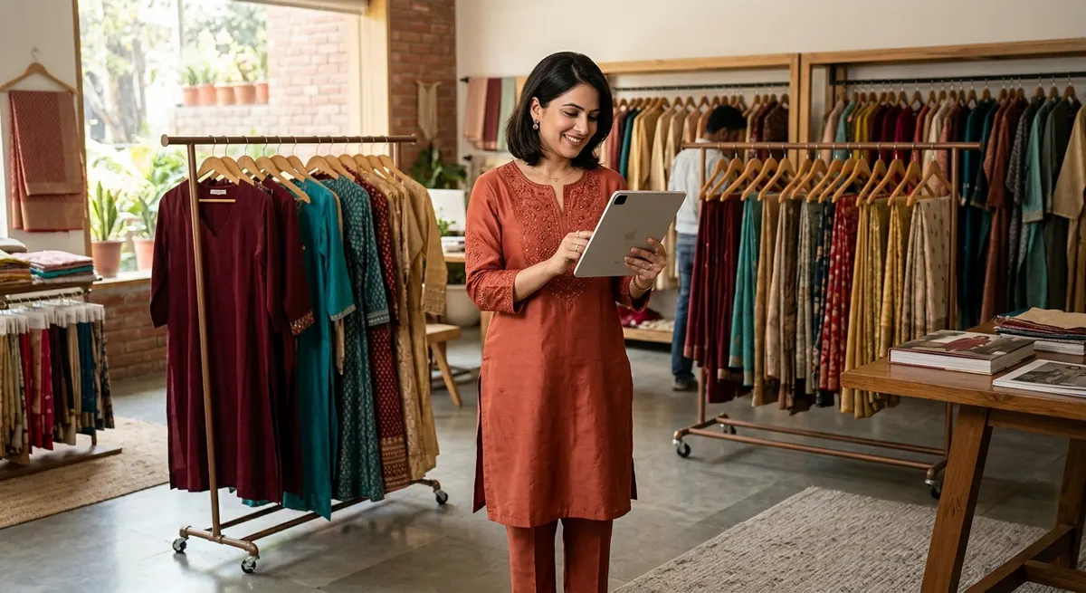 Indian fashion brand owner reviewing consistent model catalog results on a tablet in her studio, surrounded by garments on racks — building a premium brand catalog with ShotRoom AI