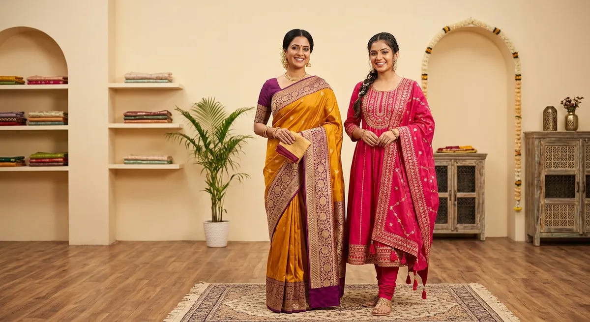 Complete Indian ethnic wear catalog built with ShotRoom AI photography — Banarasi saree and Anarkali kurta models in professional studio setting, showing full catalog diversity