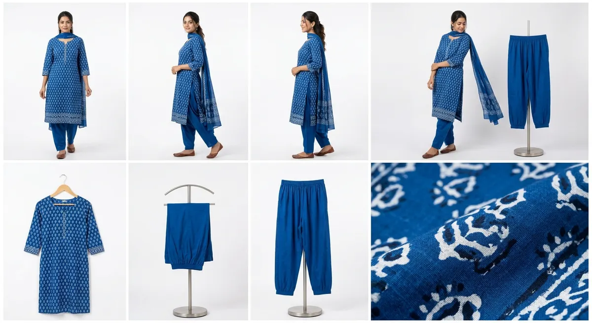 Complete ShotRoom photoshoot output: editorial full-outfit shots, individual component displays, and macro detail close-up images ready for marketplace