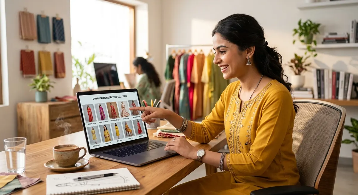 Indian fashion seller selecting model poses on ShotRoom dashboard for their ethnic wear catalog