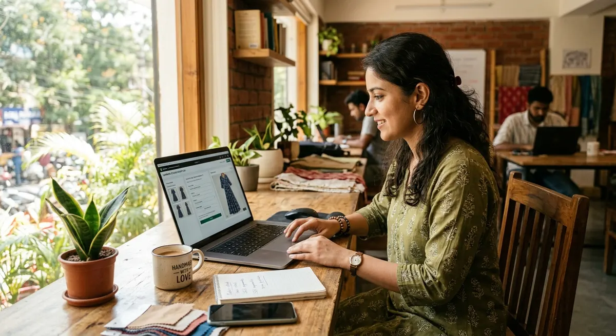 Young Indian fashion seller working on laptop using ShotRoom AI platform to convert flat-lay garment photos into professional e-commerce product shots